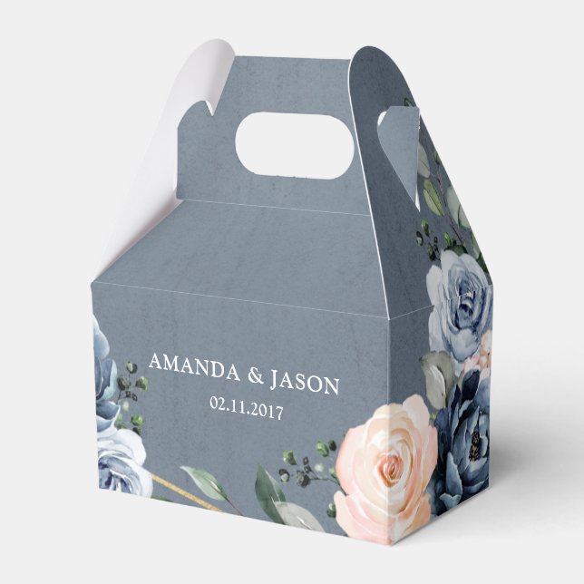 Dusty Blue Peach Blush Geometric Floral Wedding Favour Box (Front Side)