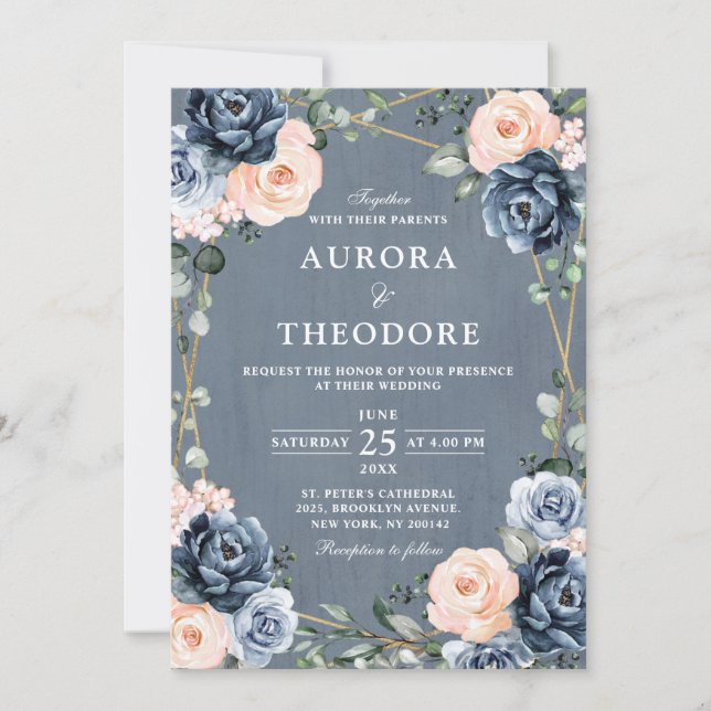 Dusty Blue Peach Blush Geometric Floral Wedding In Invitation (Front)