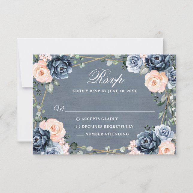 Dusty Blue Peach Blush Geometric Floral Wedding RSVP Card (Front)