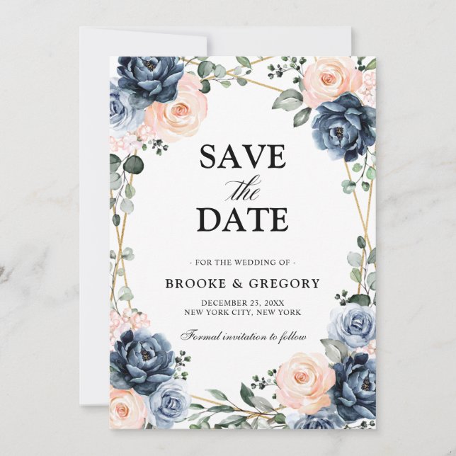 Dusty Blue Peach Blush Geometric Floral Wedding Sa Save The Date (Front)