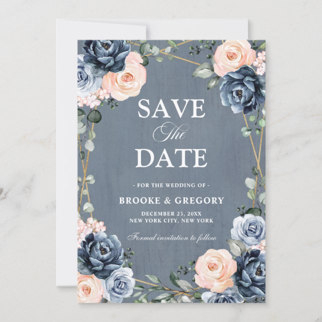 Dusty Blue Peach Blush Geometric Floral Wedding Save The Date (Front)