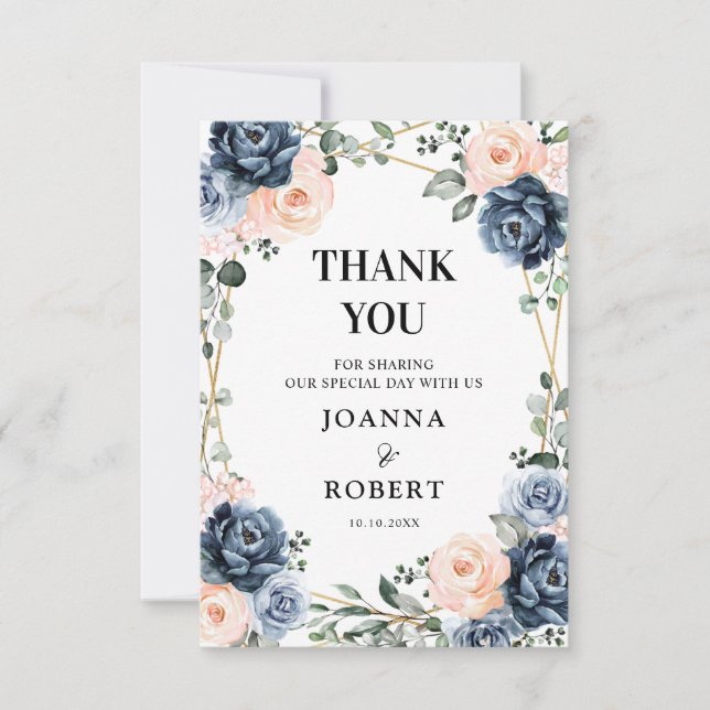 Dusty Blue Peach Blush Geometric Floral Wedding Th Thank You Card (Front)