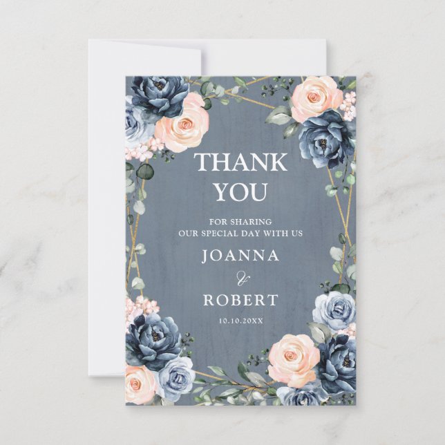 Dusty Blue Peach Blush Geometric Floral Wedding Thank You Card (Front)