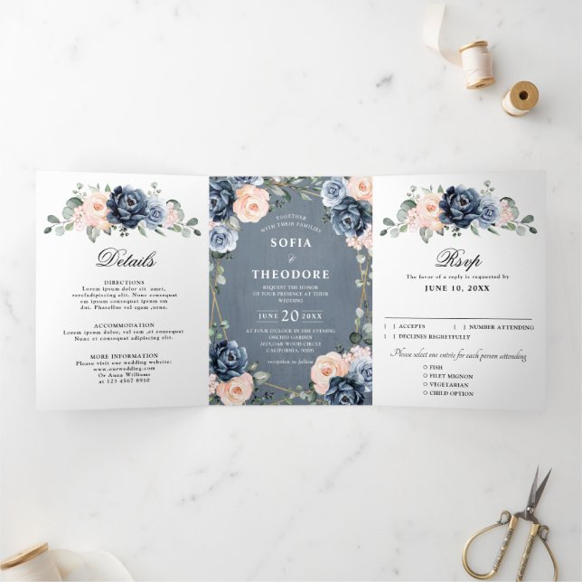 Dusty Blue Peach Blush Geometric Floral Wedding Tr Tri-Fold Announcement (Inside)