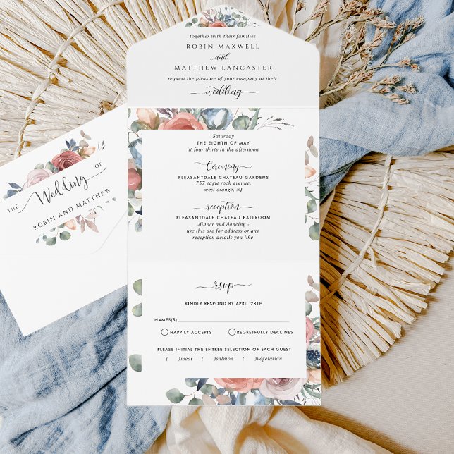 Dusty Blue Peach Blush Wedding & Perforated RSVP All In One Invitation (Creator Uploaded)