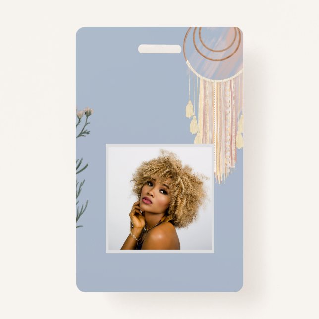 Dusty Blue Peach Boho Dream Catcher ID Badge (Front)