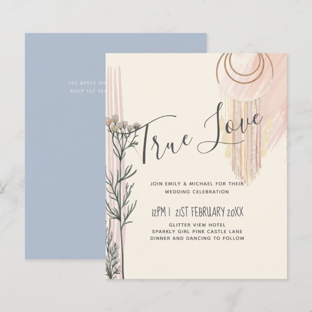 Dusty Blue Peach BOHO Wedding Invitation (Front/Back)