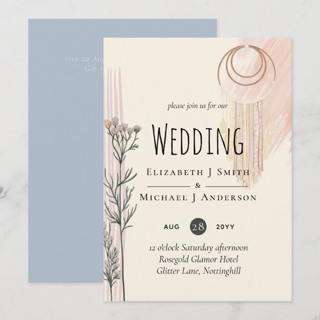 Dusty Blue Peach BOHO Wedding Invitation (Front/Back)