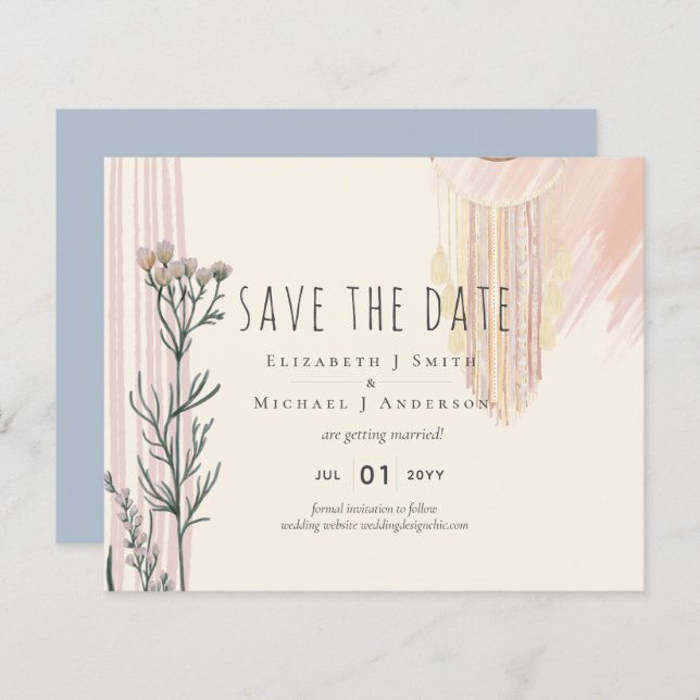 Dusty Blue Peach BOHO Wedding Save the Dates (Front/Back)