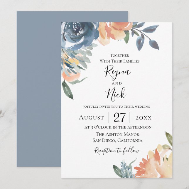 Dusty Blue Peach Botanical Wedding Invitation (Front/Back)