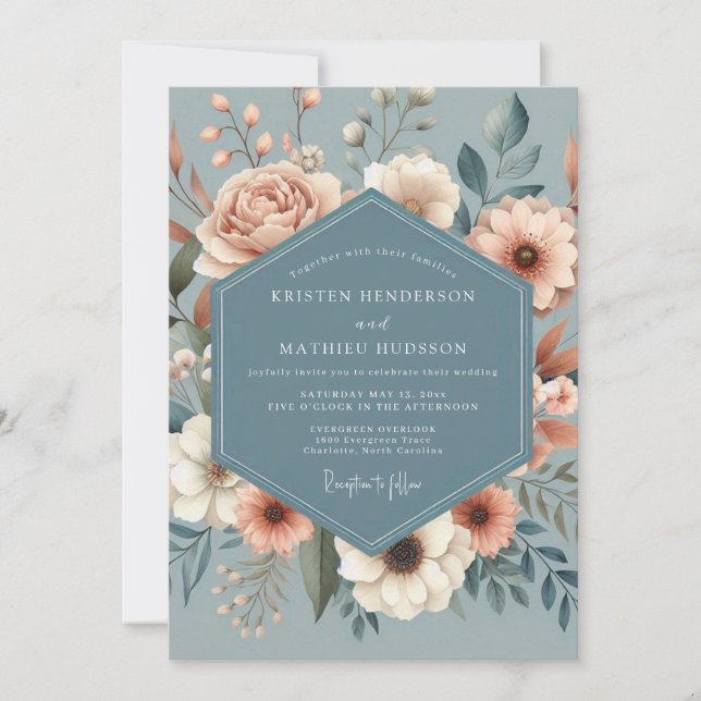 Dusty Blue Peach Flora Wedding Invitation (Front)