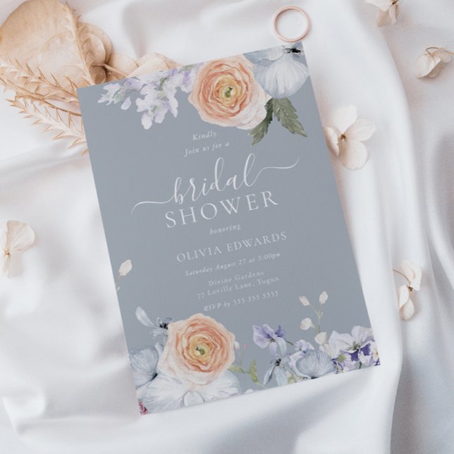 Dusty Blue & Peach Floral Bridal Shower Invitation (Creator Uploaded)