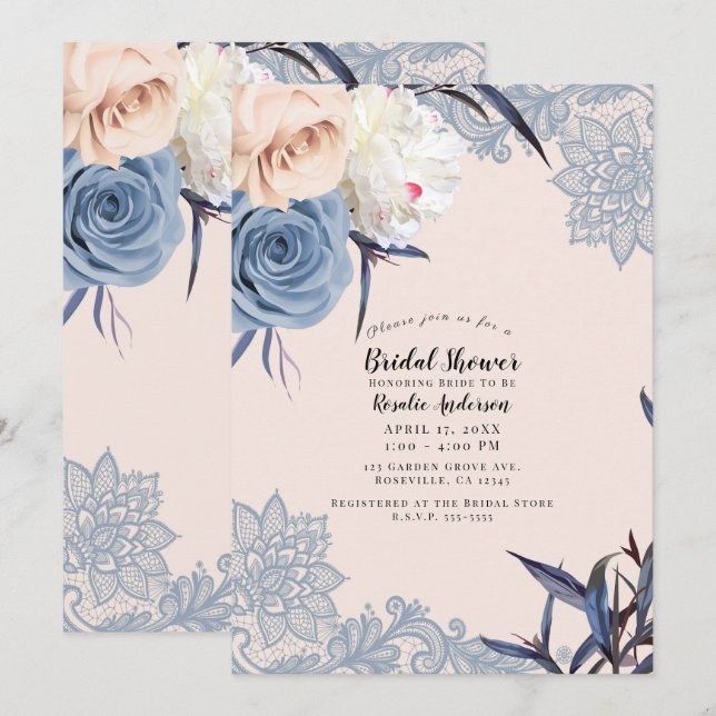 Dusty Blue & Peach Floral Lace Bridal Shower Invitation (Front/Back)