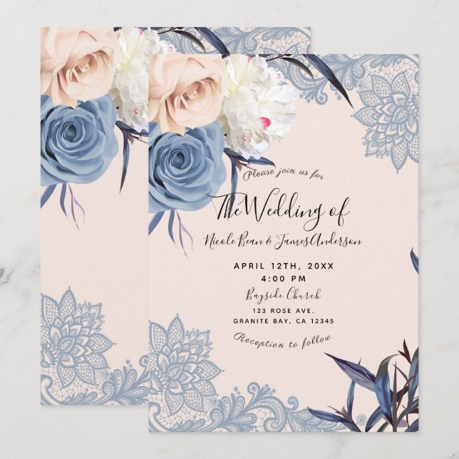 Dusty Blue & Peach Floral Lace Wedding Invitation (Front/Back)