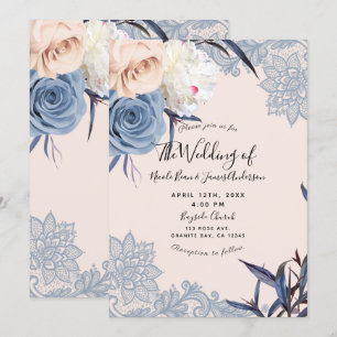Dusty Blue & Peach Floral Lace Wedding Invitation