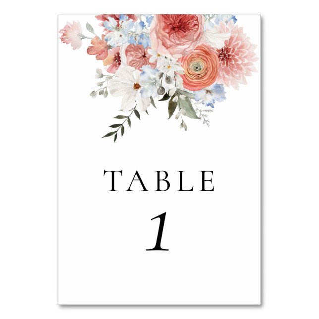 Dusty Blue Peach Floral Table Number (Front)
