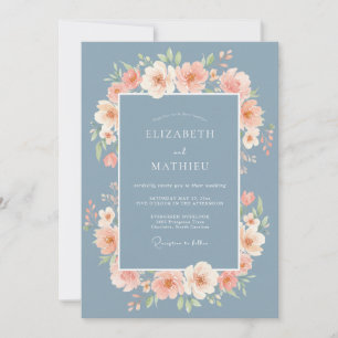 Dusty Blue Peach Floral Wedding Invitation