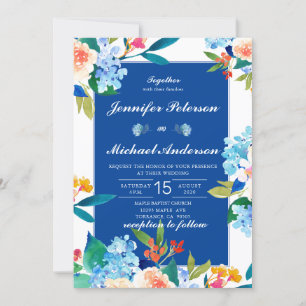 Dusty Blue & Peach Floral Wedding Invitation
