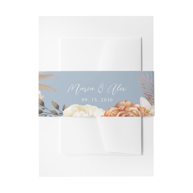 Dusty Blue Peach Floral Wedding Invitation Belly Band (Front Example)