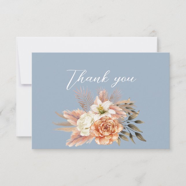 Dusty Blue Peach Floral Wedding Thank You Card (Front)