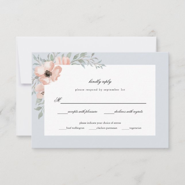 Dusty Blue Peach Flowers Watercolor Wedding RSVP Card (Front)