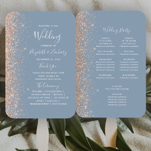 Dusty Blue Peach Glitter Edge Wedding Program Hand Fan