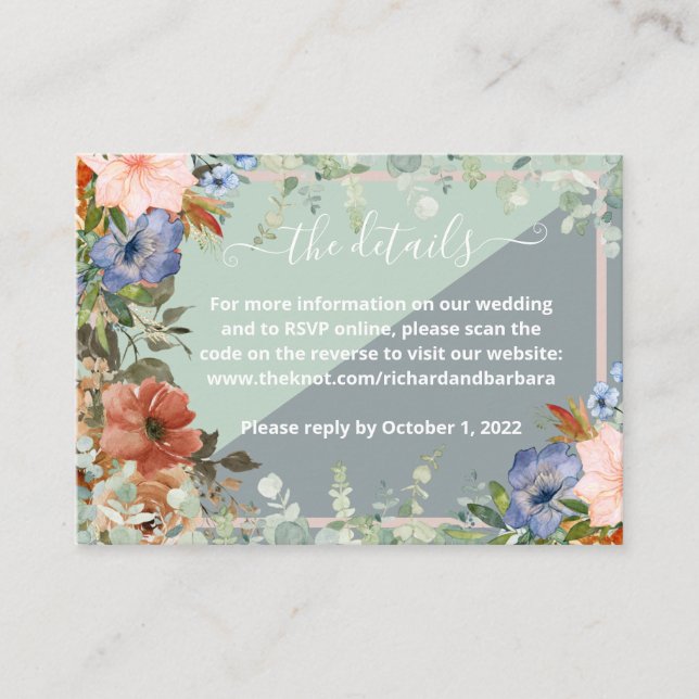 Dusty Blue Peach Green Wedding Enclosure Card (Front)