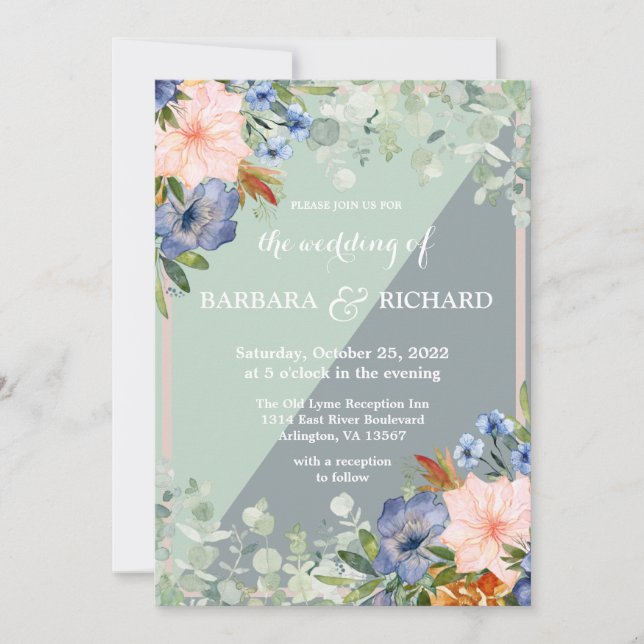Dusty Blue Peach Green Wedding Invitation (Front)