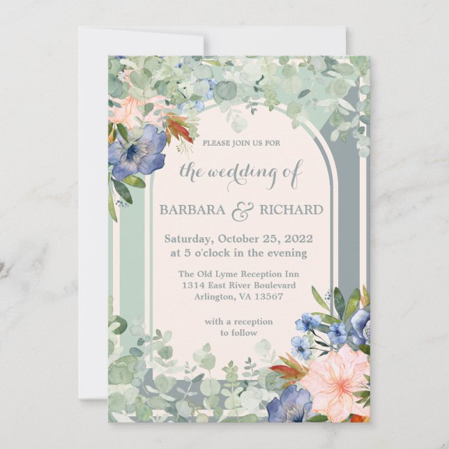 Dusty Blue Peach Green Wedding  Invitation (Front)