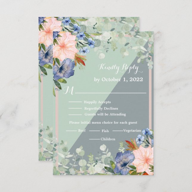 Dusty Blue Peach Green Wedding  RSVP Card (Front/Back)