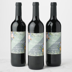 Dusty Blue Peach Green Wedding Wine Label