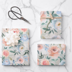 Dusty Blue & Peach Pink Peony Garden Wrapping Paper Sheet