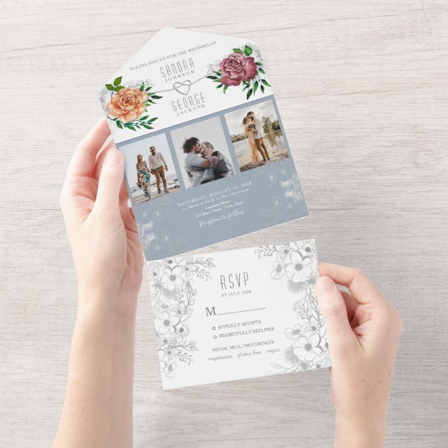 Dusty Blue Peach Pink Photo Wedding Invitation (Tearaway)