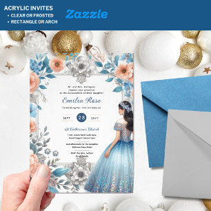 Dusty BLUE Peach Quinceañera Dress Floral Quince Acrylic Invitations