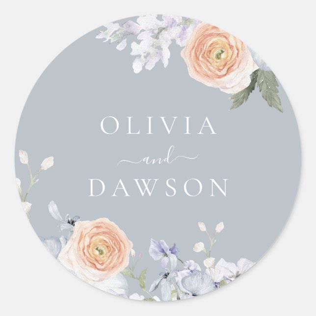 Dusty Blue & Peach Wedding or Engagement Classic Round Sticker (Front)