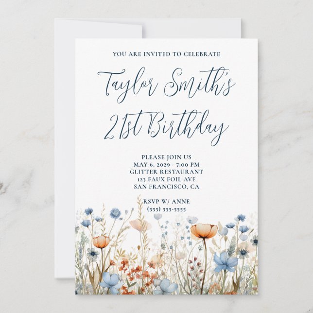 Dusty Blue Peach Wildflowers 21st Birthday Invitation (Front)