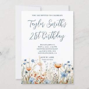Dusty Blue Peach Wildflowers 21st Birthday Invitation