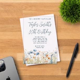 Dusty Blue Peach Wildflowers 30th Birthday Acrylic Invitations