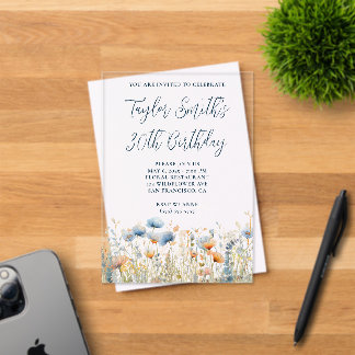 Dusty Blue Peach Wildflowers 30th Birthday Acrylic Invitations