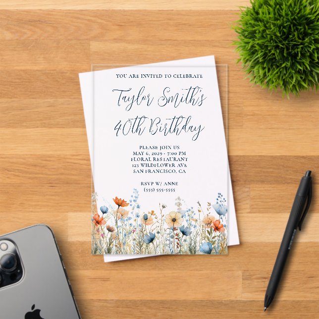 Dusty Blue Peach Wildflowers 40th Birthday Acrylic Invitations (Insitu (Invitation Card))