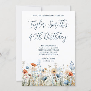 Dusty Blue Peach Wildflowers 40th Birthday Invitation