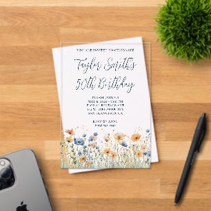 Dusty Blue Peach Wildflowers 50th Birthday Acrylic Invitations