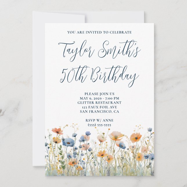 Dusty Blue Peach Wildflowers 50th Birthday Invitation (Front)