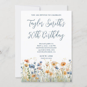 Dusty Blue Peach Wildflowers 50th Birthday Invitation