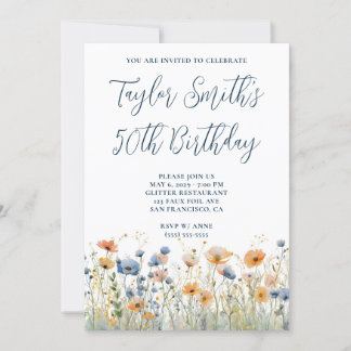 Dusty Blue Peach Wildflowers 50th Birthday Invitation