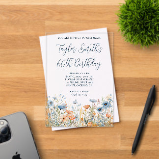 Dusty Blue Peach Wildflowers 60th Birthday Acrylic Invitations