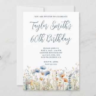 Dusty Blue Peach Wildflowers 60th Birthday Invitation