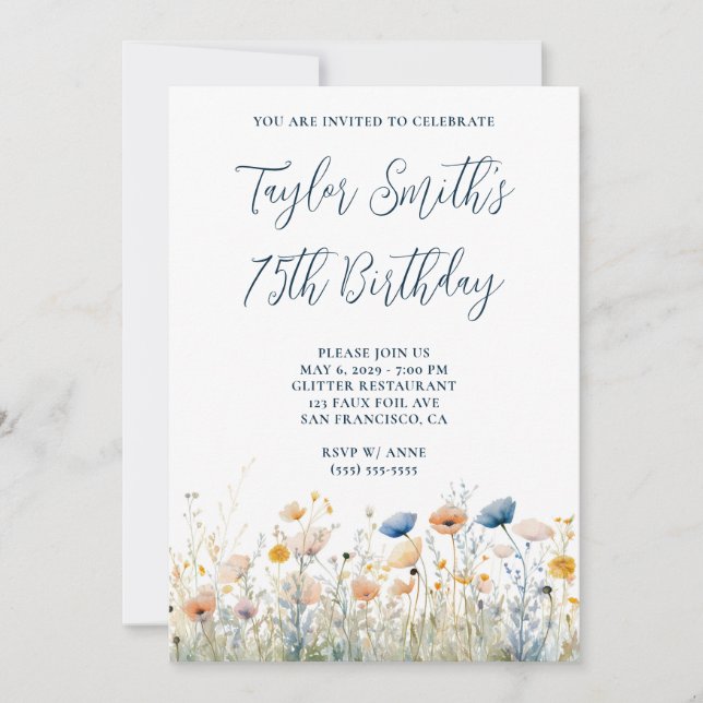 Dusty Blue Peach Wildflowers 75th Birthday Invitation (Front)