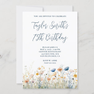 Dusty Blue Peach Wildflowers 75th Birthday Invitation