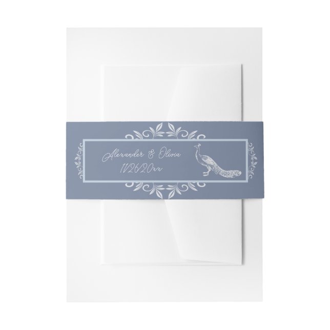 Dusty Blue Peacock Flourish Invitation Invitation Belly Band (Front Example)